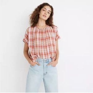 Madewell Plaid Shirred-Neck Boxy Top small